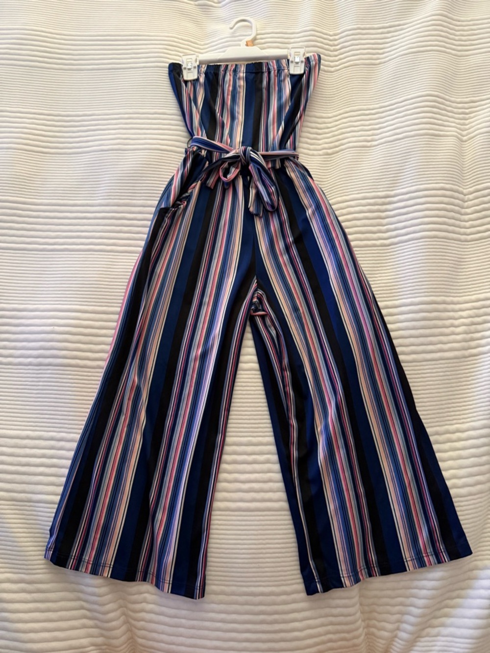 Striped Boho Navy & Multi Colored Strapless Jumpsuit Romper-Pockets & Tie Waist